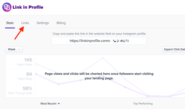 In your Link in Profile dashboard, click the Links tab to set up a customized page of linked images or videos you've posted to Instagram.