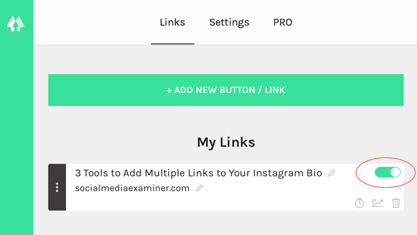 Toggle on your Linktree link to make it visible or hidden.