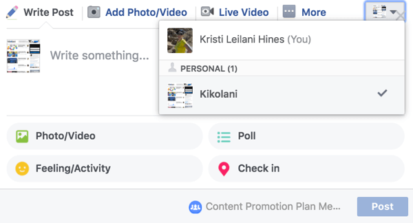 Select your Facebook page when you create a new post in your group.