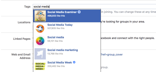 Add up to five tags for your Facebook group.