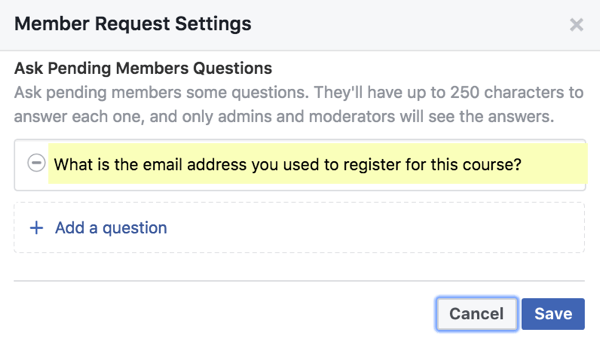 Add up to three questions of pending members.