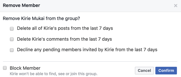 You can delete members' posts, comments, and invites when you remove them from your Facebook group.