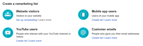 Create a remarketing list from visitors, viewers, email lists, and more.