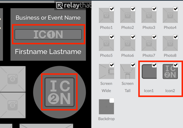 Upload your logo to the Icon1 or Icon2 thumbnail in RelayThat.