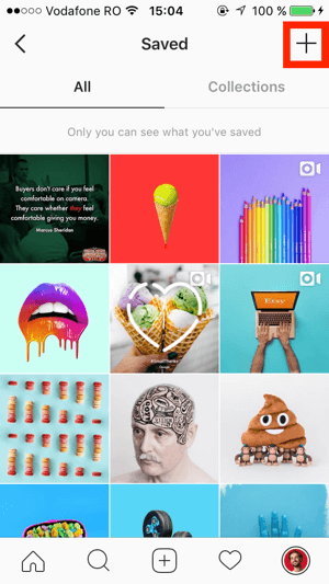 Tap the + sign in the upper right of the Instagram Saved screen.