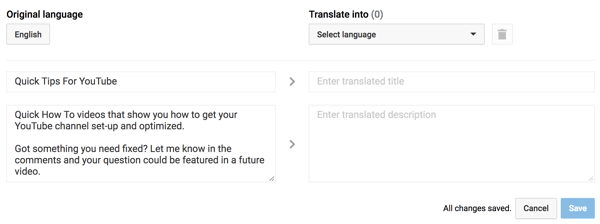 Enter a translated title and description for your YouTube playlist.