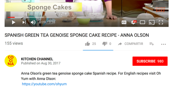 Cocina directs English-speaking audiences to a different cooking channel on YouTube.