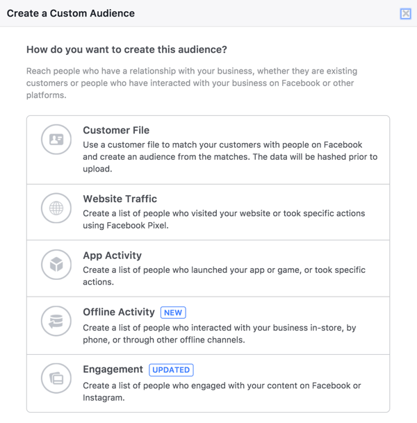 In the Facebook Audiences tool, select Engagement to create an audience of people who have watched your live videos.