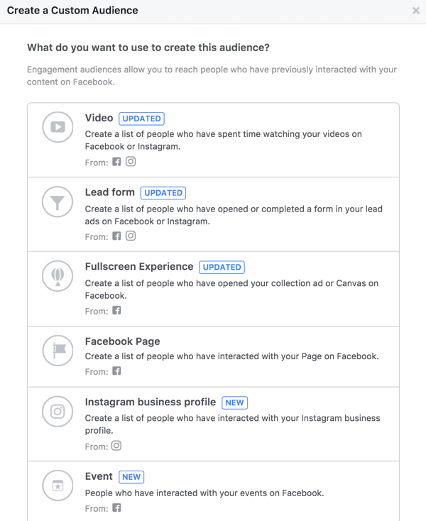 When you create a Facebook audience, you can select from several different types of engagement.