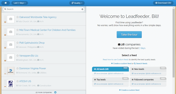 Leadfeeder offers a free trial and you'll see this screen after you sign up.