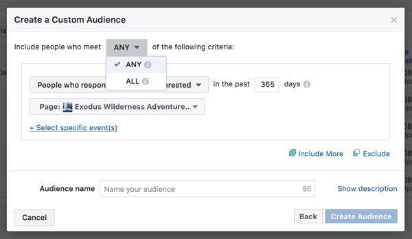 Create custom audiences for events created via your business page.