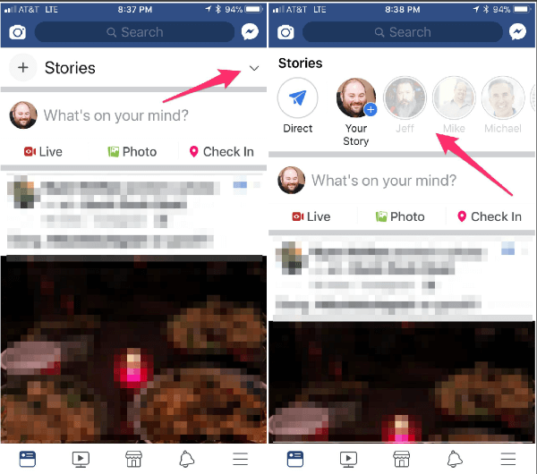 Facebook Stories features collapsible menu and play all option.