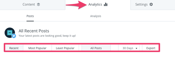Analyze recent tweets on the Analytics tab in Buffer.