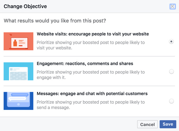 The objective options for boosted posts are based on the media used in your Facebook post.