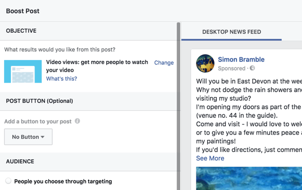 Facebook makes it easy to set up a boosted post by walking you through the options.