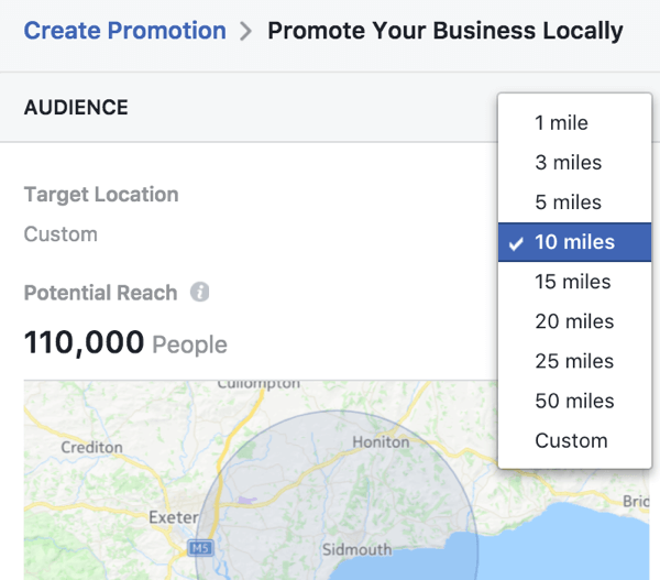 You can choose a specific location for your local business promotion and customize the radius reached.