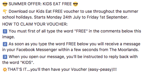 An independent restaurant used Facebook comments to offer a voucher to customers. The post's text tells customers how to claim the voucher.