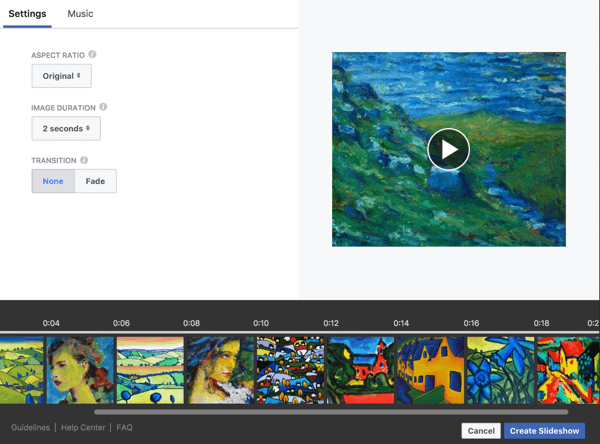 Edit image duration and transitions for your Facebook slideshow.