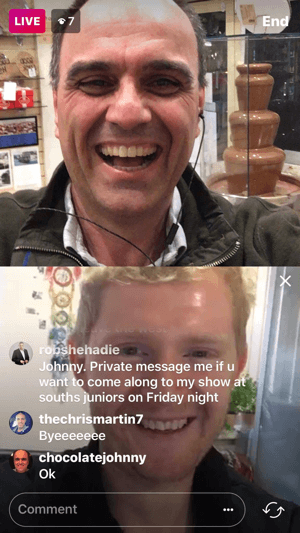 Having a guest on your Instagram live video splits the screen into two squares with the host in the top video screen.