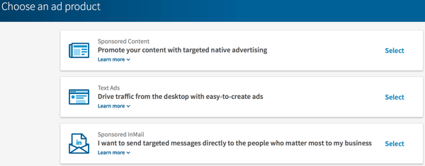 Choose the type of LinkedIn ad you want to create.