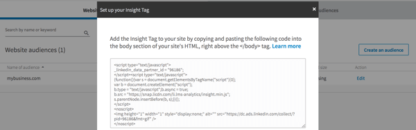 Create a LinkedIn matched audience to get the insight tag code.