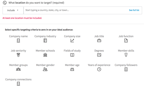 LinkedIn offers these options to refine your targeting based on work details.