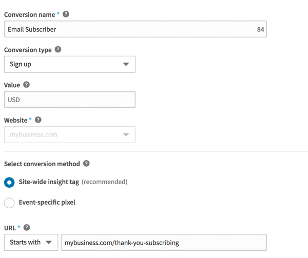 Fill in the details for the conversion you want to track.