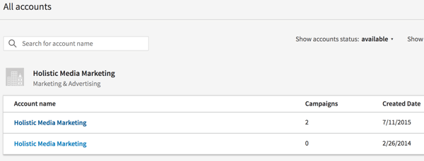 Select your LinkedIn advertising account in the Campaign Manager.