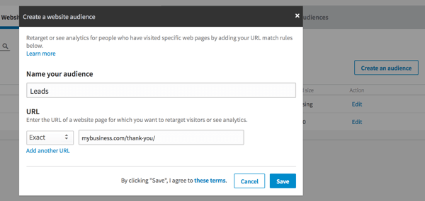 Set up matched audiences for segments of your website traffic.