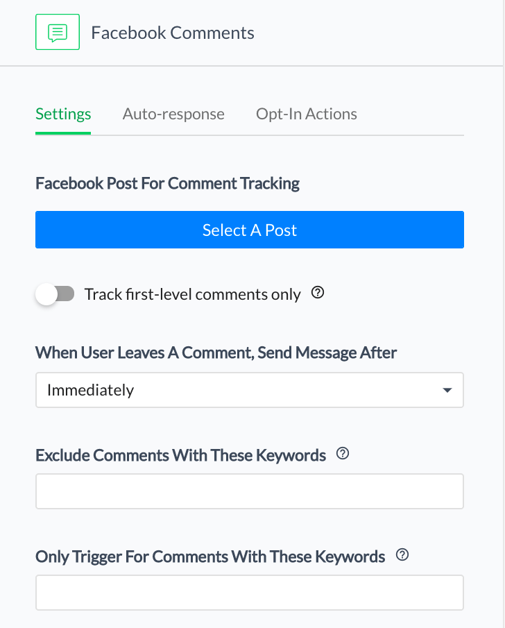 Choose your Facebook post and enter the keyword that users will type in the comments to trigger the bot.