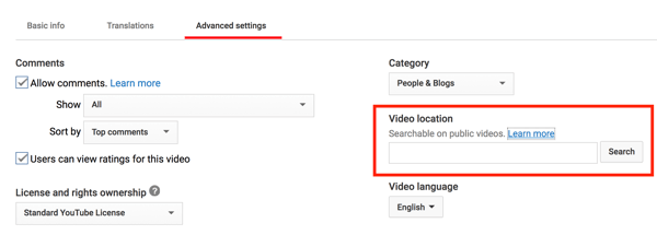 Add a location to your YouTube video to make it geographically searchable.