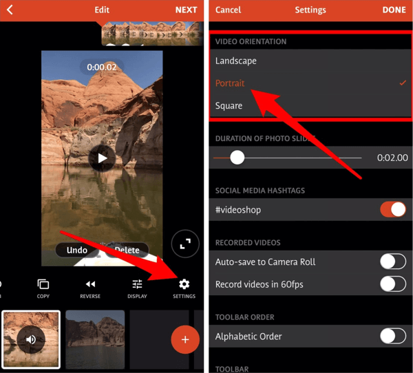Edit landscape, portrait, and square video clips with the Videoshop app.