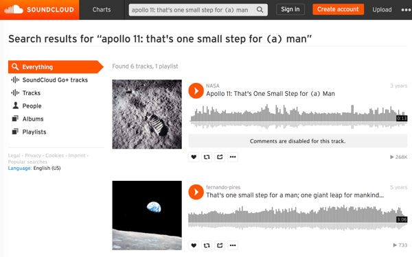 Search NASA’s media files on SoundCloud to find and download the audio of iconic historical moments like the first walk on the moon.