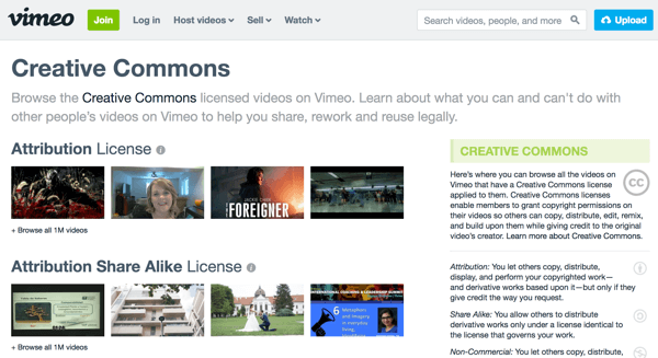 Vimeo gruppiert Videomaterial nach Lizenztyp und enthält rechts Erläuterungen zu jedem Typ.
