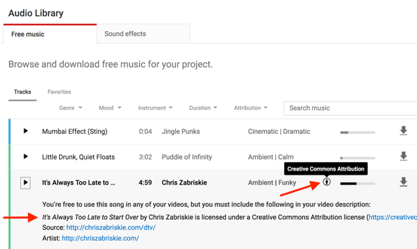 Musikdateien in der YouTube-Audiobibliothek werden notiert, wenn Sie den ursprünglichen Ersteller gutschreiben müssen.