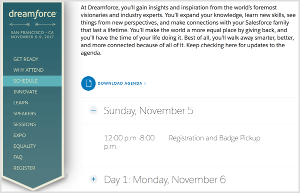 dreamforceイベントウェブサイトのスケジュール