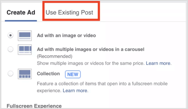 facebook ad use existing post