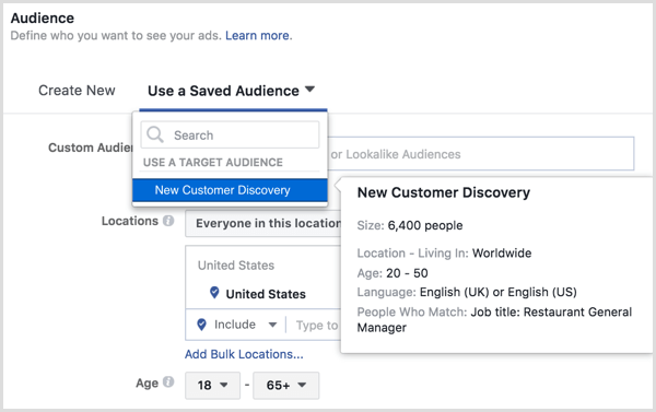 Facebook ads manager choose saved audience