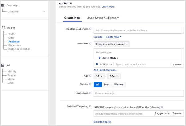 Facebook ads manager create audience in ad set