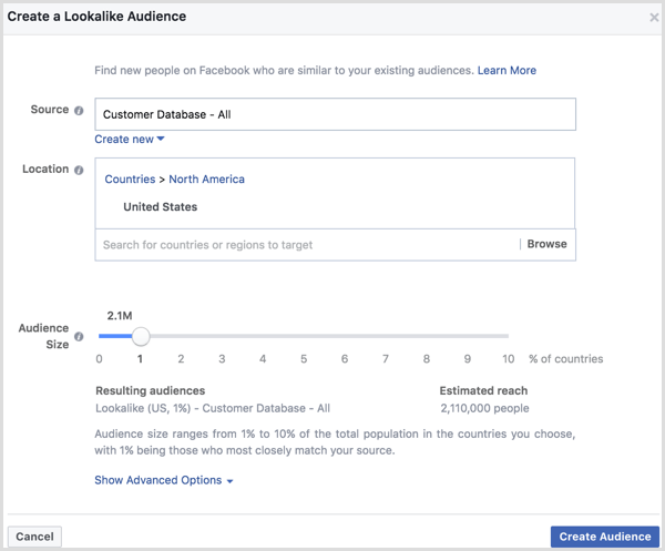 Facebook ads manager create lookalike audience