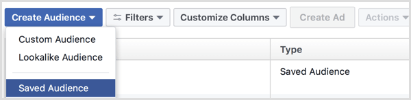Facebook ads manager create saved audience