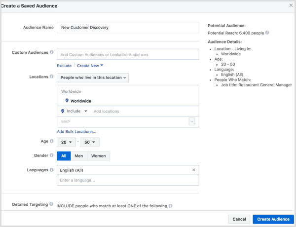 Facebook ads manager create saved audience