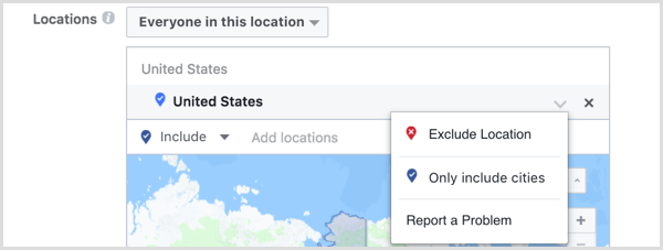 Facebook ads manager create saved audience location targeting