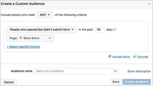 Facebook ads manager custom audience engagement