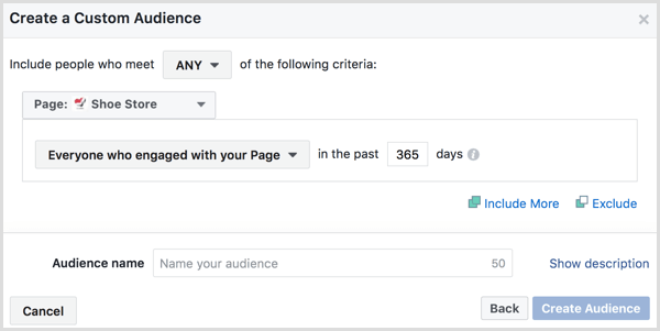 Facebook ads manager custom audience engagement