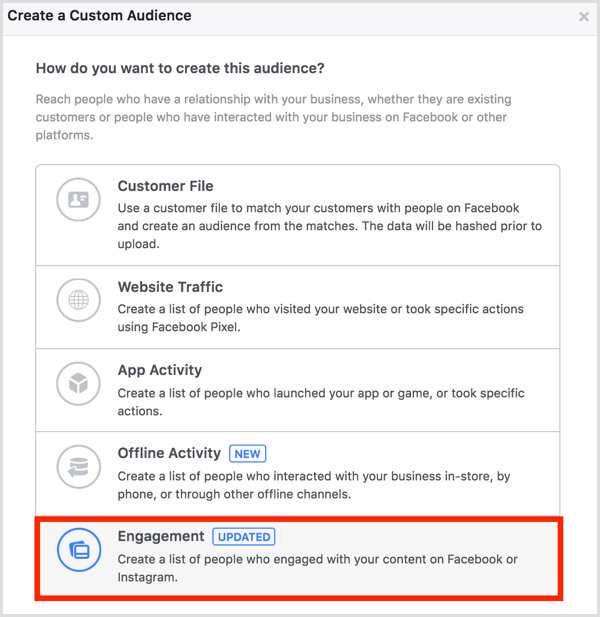 Facebook ads manager custom audience engagement