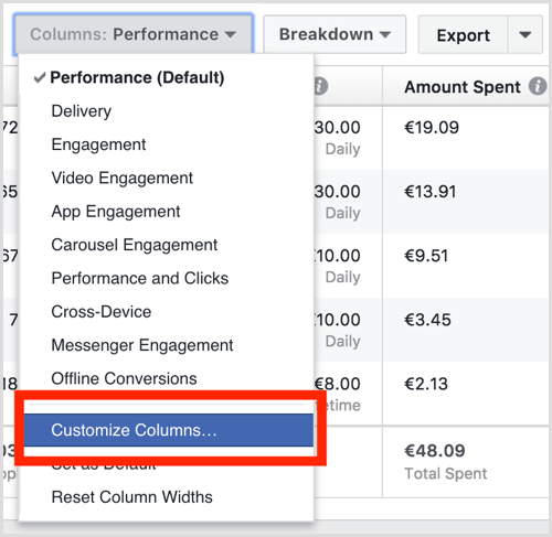 Facebook ads manager customize columns