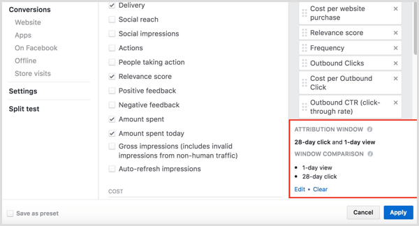 facebook ads manager customize columns click and view conversions