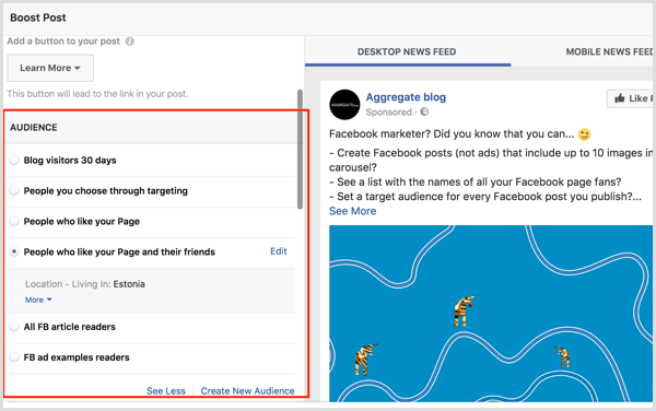 facebook boosted post select audience