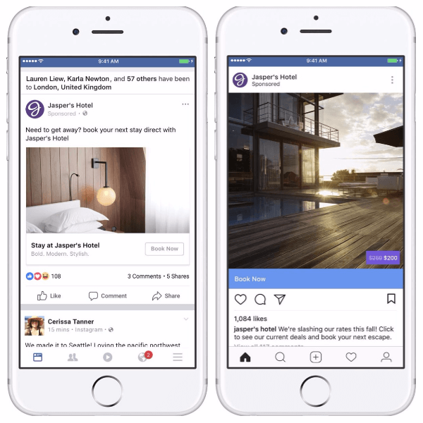 Facebook adds social context and overlays to dynamic ads for travel.